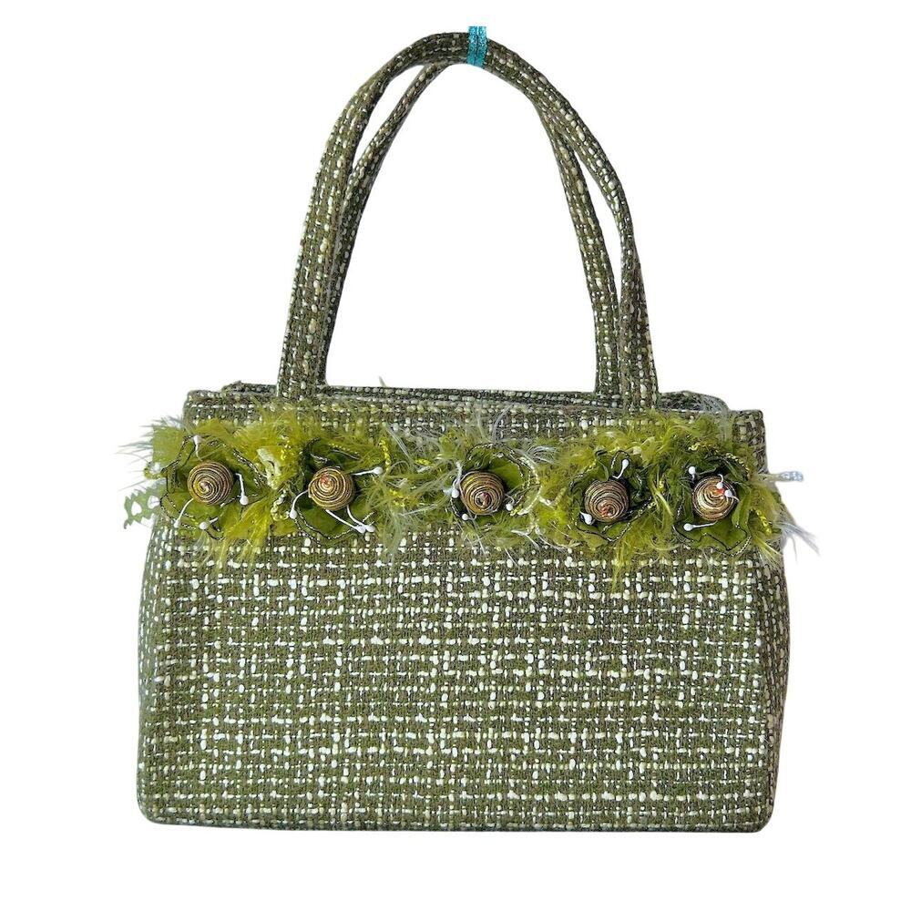 Vintage Y2K Green Preppy Funky Beads Tweed Cottage Girly Handbag Purse